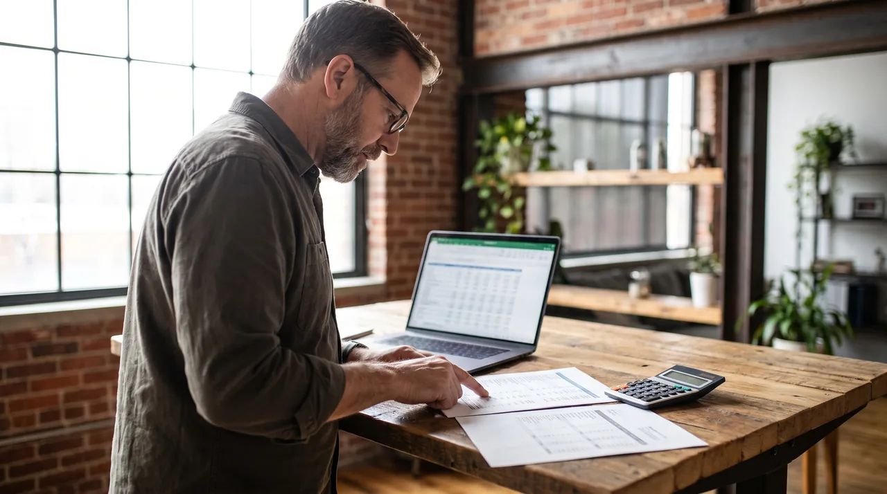 Agency owner comparing two invoices next to a spreadsheet of client sites