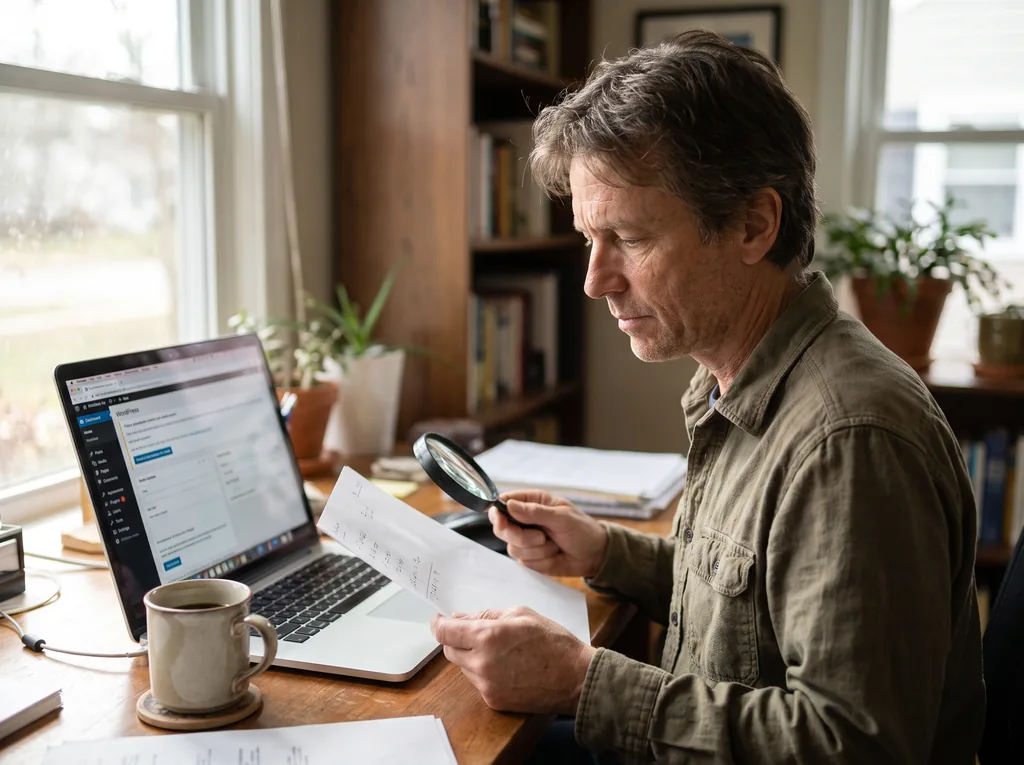 Web designer reviewing a WordPress plugin renewal invoice at a desk