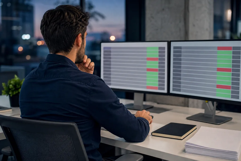 SEO lead at a desk working through a long queue of page fixes on two monitors