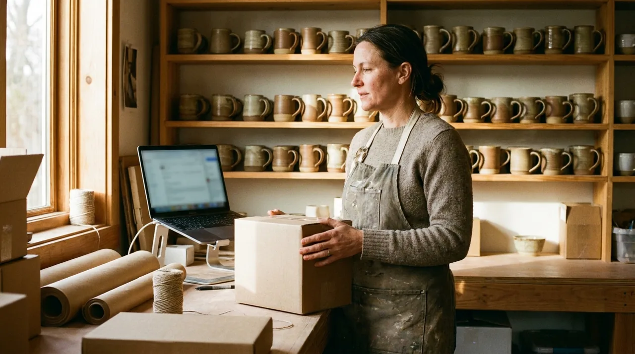 Online store owner working on a laptop at a packing table with product boxes